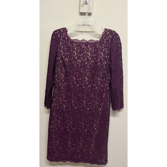 ADRIANNA PAPELL Lace Sheath Dress 3/4 Sleeve Women's Size 10 Burgundy - Picture 3 of 12